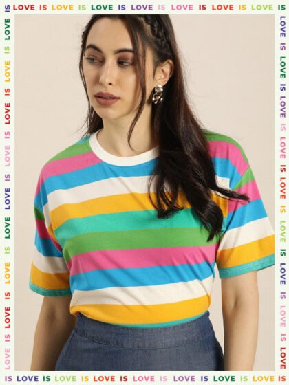 Women Oversized Multicoloured Candy Stripes Drop-Shoulder Sleeves T-shirt