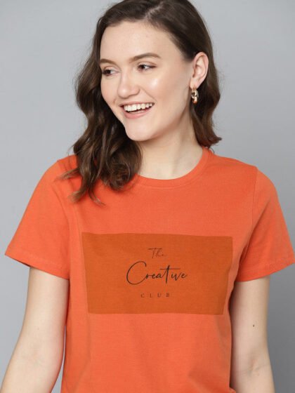 Women Orange & Black Typography Print Pure Cotton T-shirt