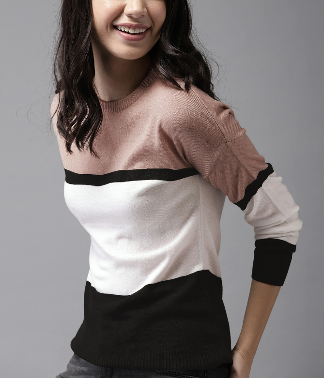 Women Mauve & White Colourblocked Sweater