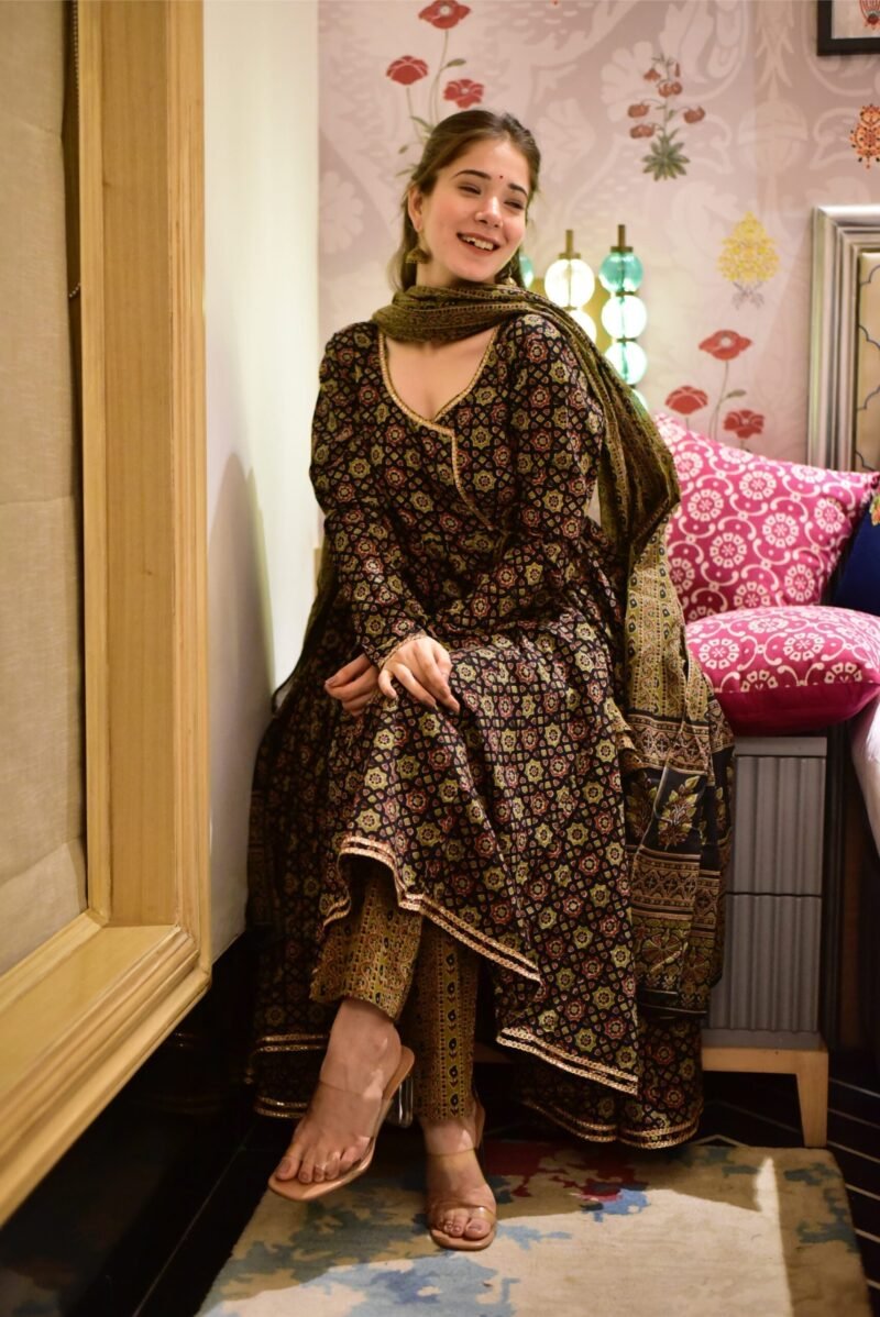 brown ajrakh angrakha suit set - Image 4