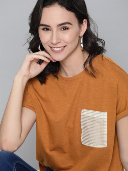 Women Mustard Brown Solid Pure Cotton Round Neck T-shirt