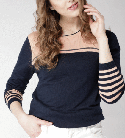Women Navy Blue & Peach-Coloured Colourblocked Pullover