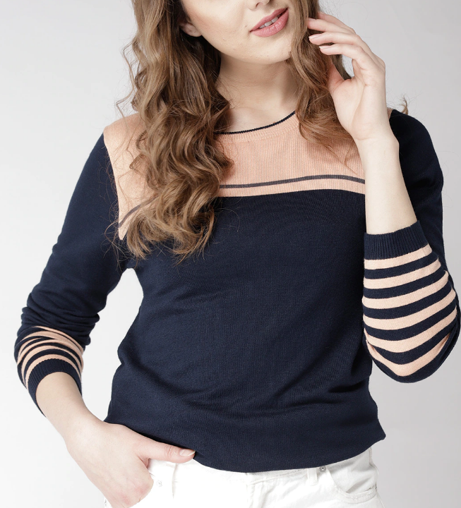 Women Navy Blue & Peach-Coloured Colourblocked Pullover