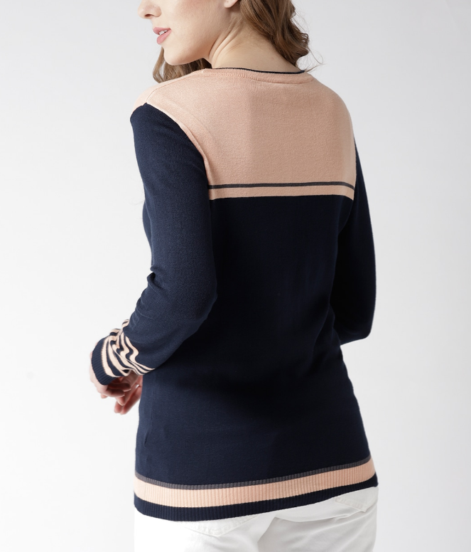 Women Navy Blue & Peach-Coloured Colourblocked Pullover - Image 2