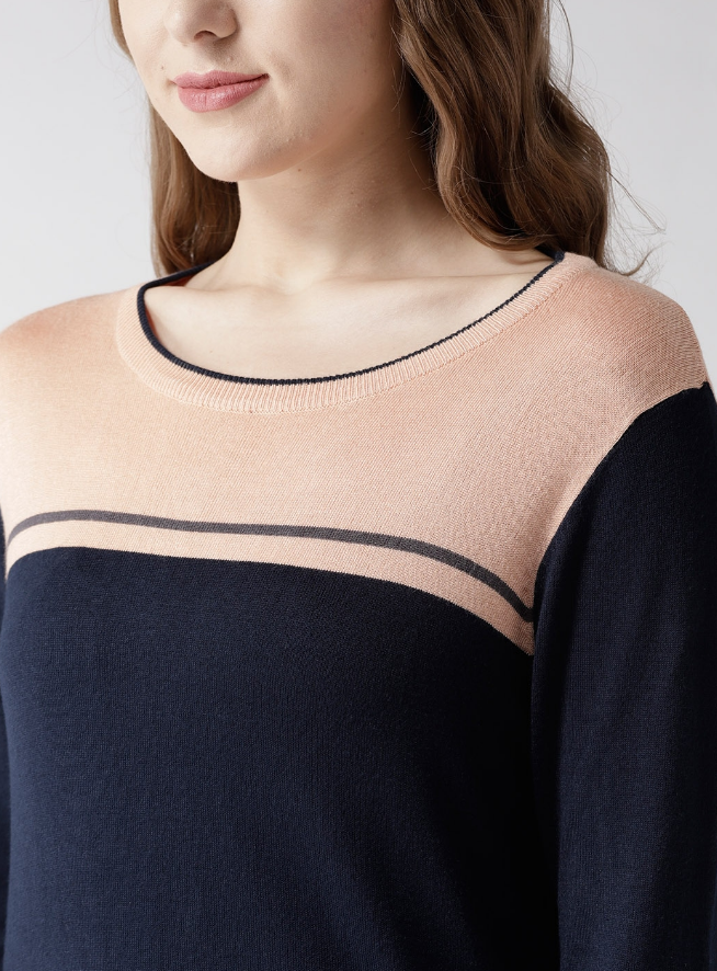 Women Navy Blue & Peach-Coloured Colourblocked Pullover - Image 3
