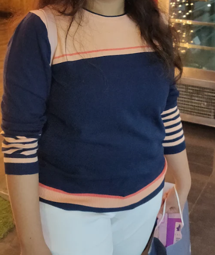 Women Navy Blue & Peach-Coloured Colourblocked Pullover - Image 4