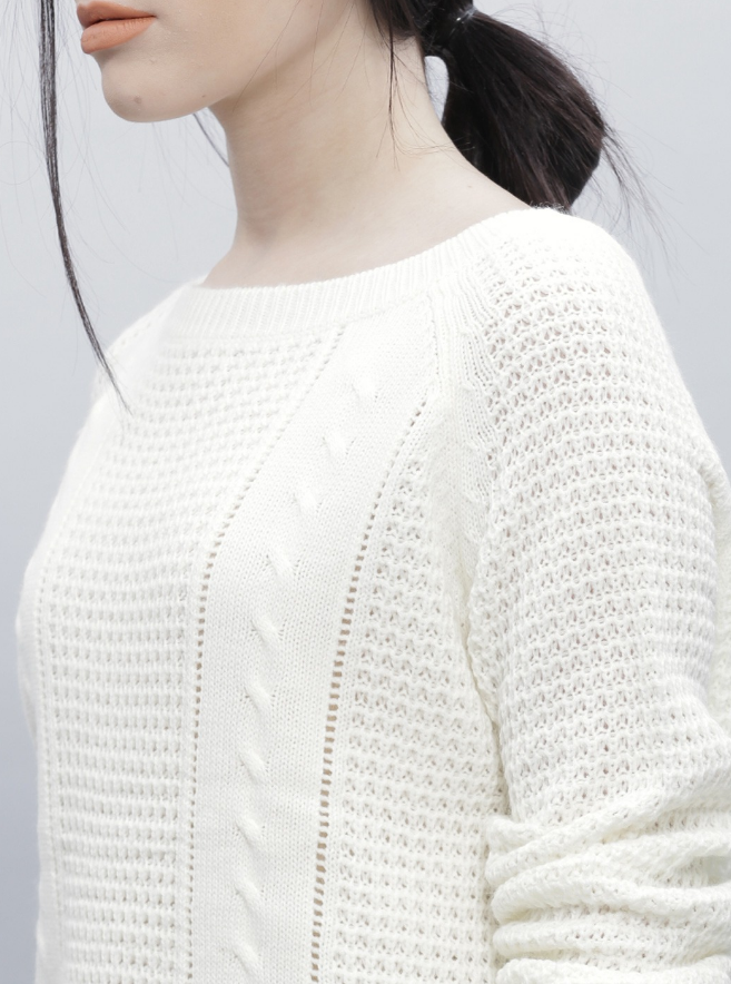 Women Off-White Self-Design Sweater - Image 5