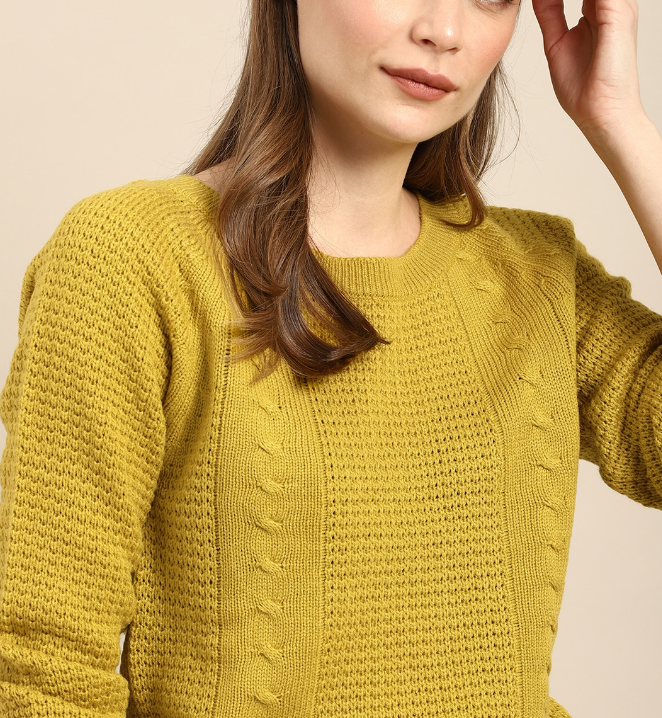 Women Mustard Green Self-Design Sweater