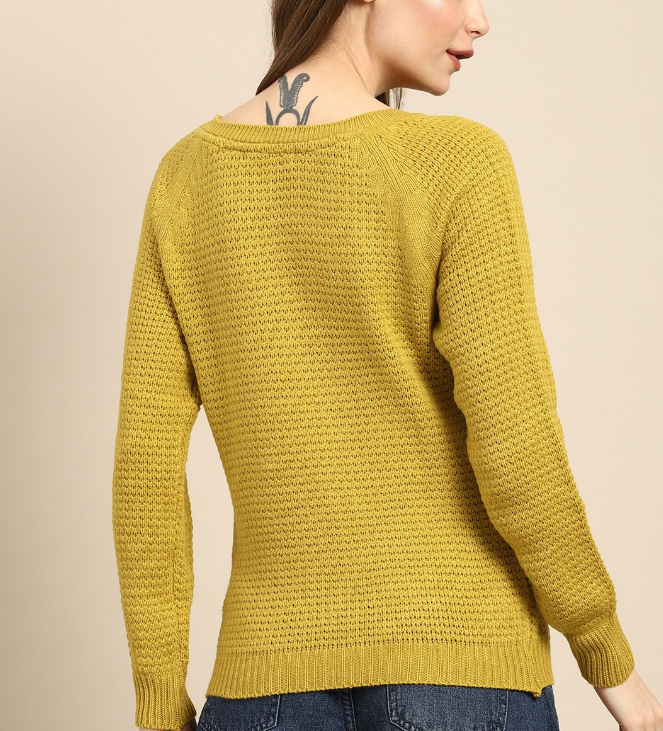 Women Mustard Green Self-Design Sweater - Image 4