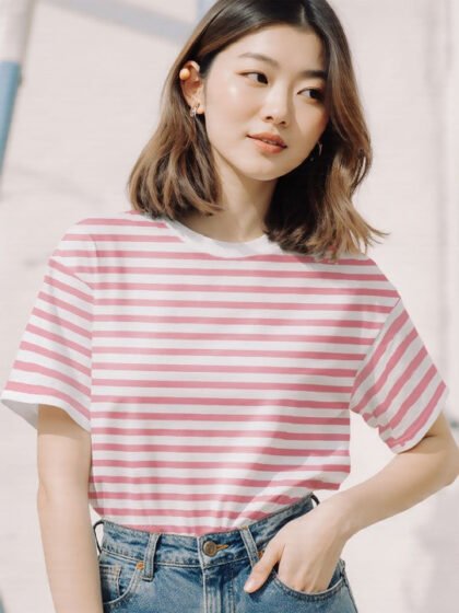 Women Striped Round Neck Cotton Oversized T-shirt
