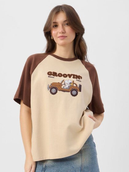 Women Peanuts Graphic Printed Round Neck Cotton Oversized T-shirt