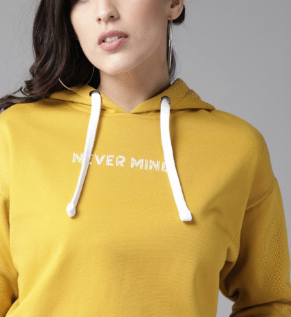 Women Mustard Yellow Printed Detail Hooded Cropped Sweatshirt