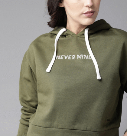 Women Olive Green Printed Detail Hooded Cropped Sweatshirt