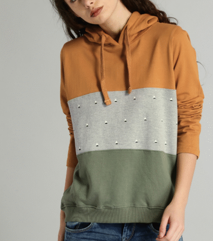 Women Mustard & Grey Colourblocked Hooded Sweatshirt