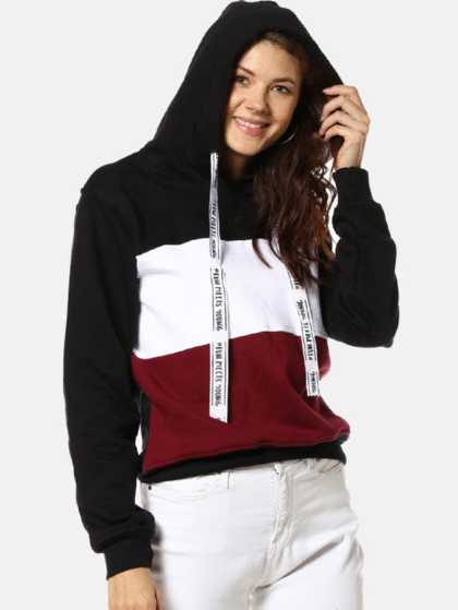 Women Black & White Colourblocked Hooded Sweatshirt