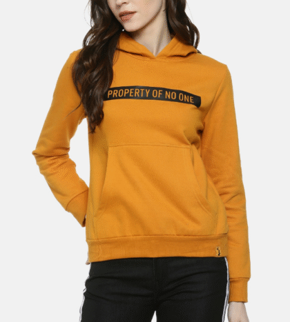Women Mustard Yellow Printed Hooded Sweatshirt