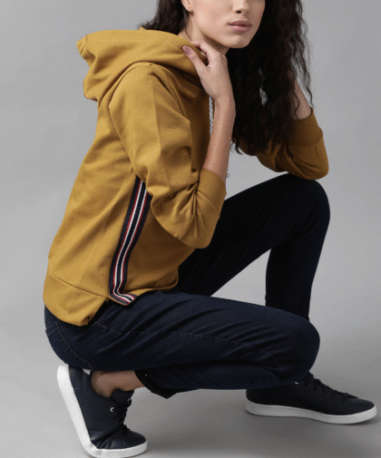 Women Mustard Yellow Solid Hooded Sweatshirt