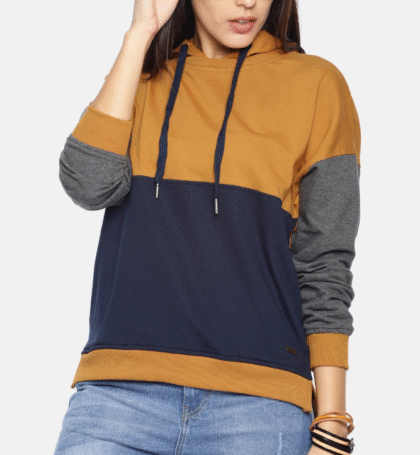 Women Mustard Yellow & Navy Blue Colourblocked Hooded Sweatshirt