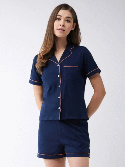 Navy Blue Solid Shirt and Shorts (Set of 2)