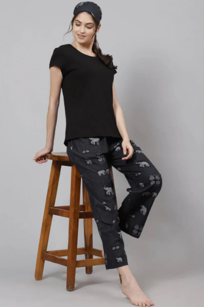 Black Straight Viscose And Acrylic Three Piece Sleepwear Set