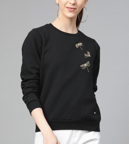 Black Solid Sweatshirt with Embroidered & Beaded Detail