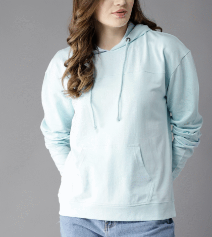 Women Blue Solid Hooded Sweatshirt