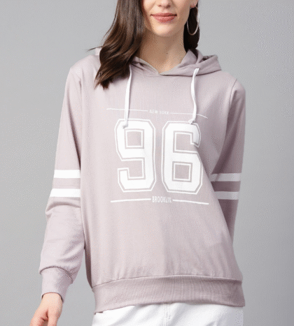 Women Lavender & White Printed Hooded Sweatshirt