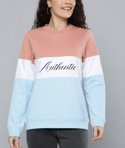 Women Blue & White Colourblocked Sweatshirt