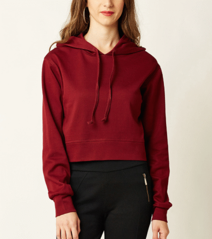 Women Maroon Solid Hooded Cropped Boxy Sweatshirt