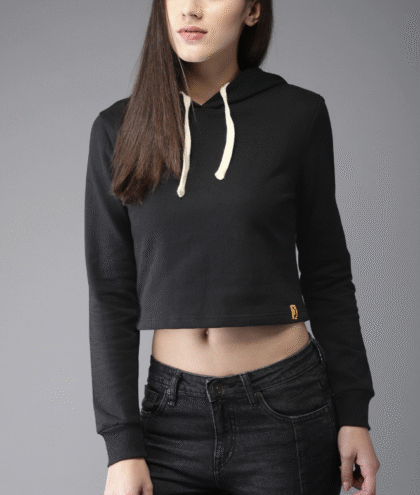 Women Black Solid Hooded Crop Sweatshirt