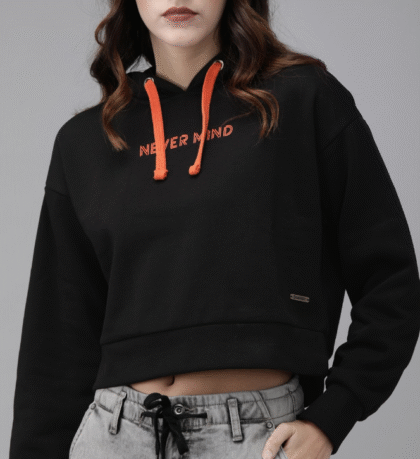 Women Black Solid Hooded Sweatshirt