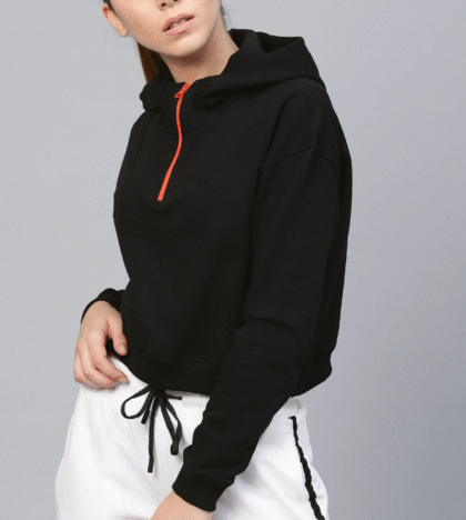 Women Black Solid Cropped Hooded Sweatshirt