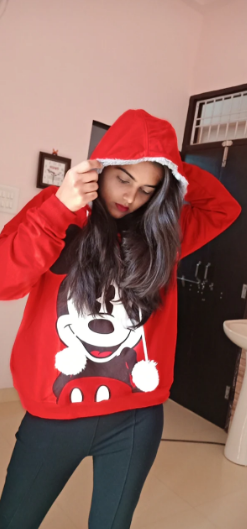 Women Red & White Mickey Mouse Printed Hooded Sweatshirt - Image 4