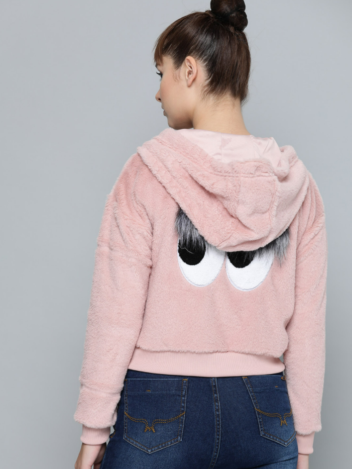 Women Pink Faux Fur Cropped Hooded Sweatshirt - Image 6