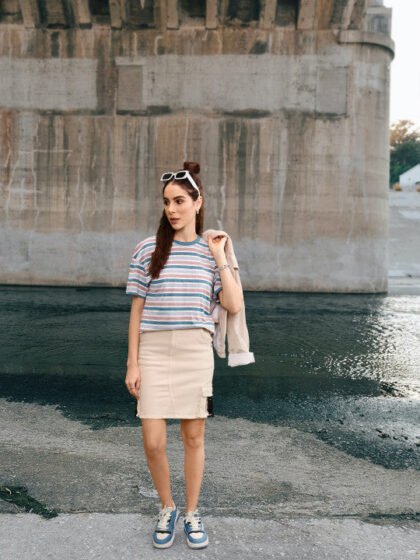 Women Teal Blue Mauve Striped Oversized Boyfriend Fit Pure Cotton T-shirt