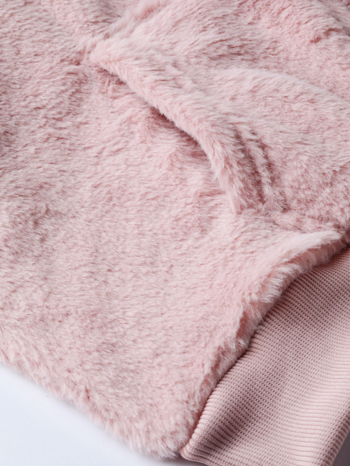 Women Pink Faux Fur Cropped Hooded Sweatshirt - Image 7