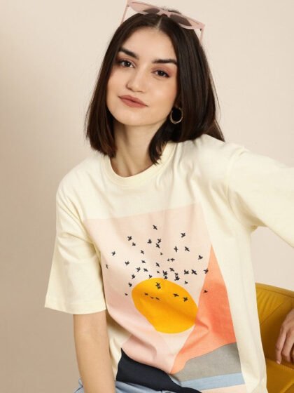 Women Cream-Coloured Printed Cotton Oversized Pure Cotton T-shirt