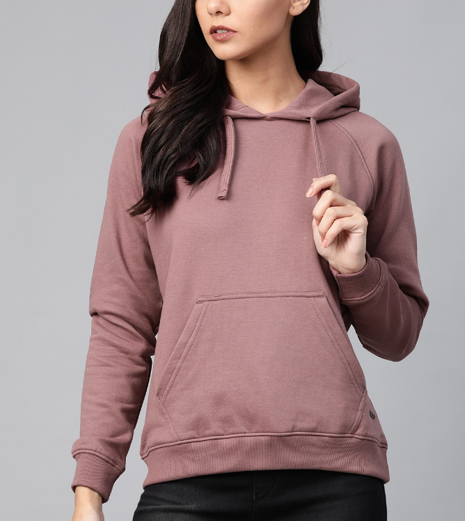 Women Mauve Solid Hooded Sweatshirt