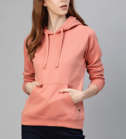 Women Peach-Coloured Solid Hooded Sweatshirt