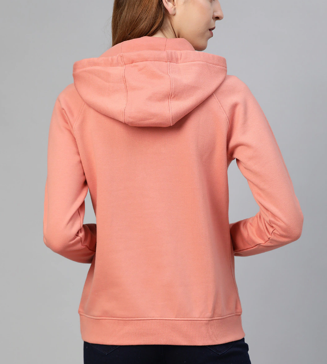 Women Peach-Coloured Solid Hooded Sweatshirt - Image 2