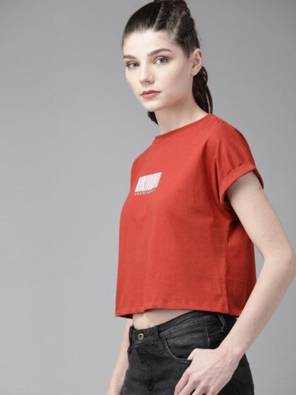 Women Rust Red Printed Round Neck Crop Pure Cotton T-shirt