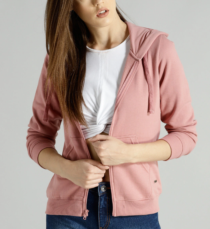 Women Coral Pink Solid Hooded Sweatshirt