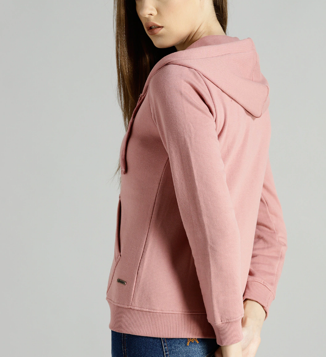 Women Coral Pink Solid Hooded Sweatshirt - Image 2