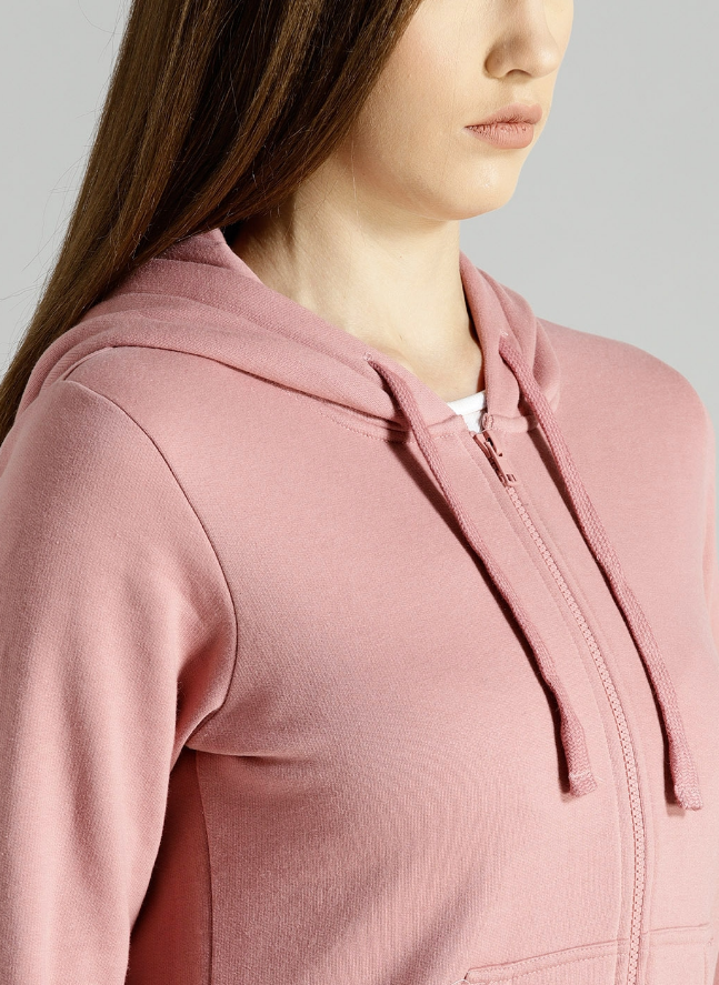 Women Coral Pink Solid Hooded Sweatshirt - Image 3
