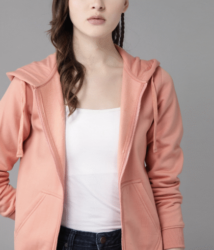 Women Peach-Coloured Solid Hooded Sweatshirt