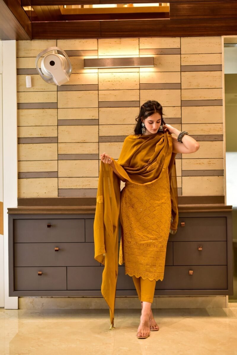 mustard chikankari kurta set - Image 6