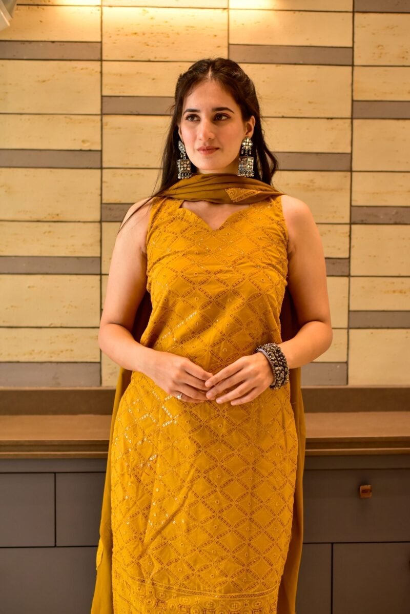 mustard chikankari kurta set - Image 2