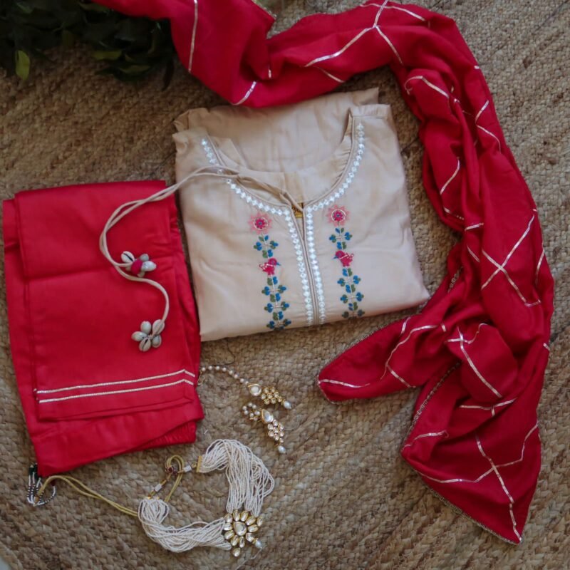 KesariyaVanity Beige Sea Shell Festive Ready Floral Suit Set - DEAL - Image 2