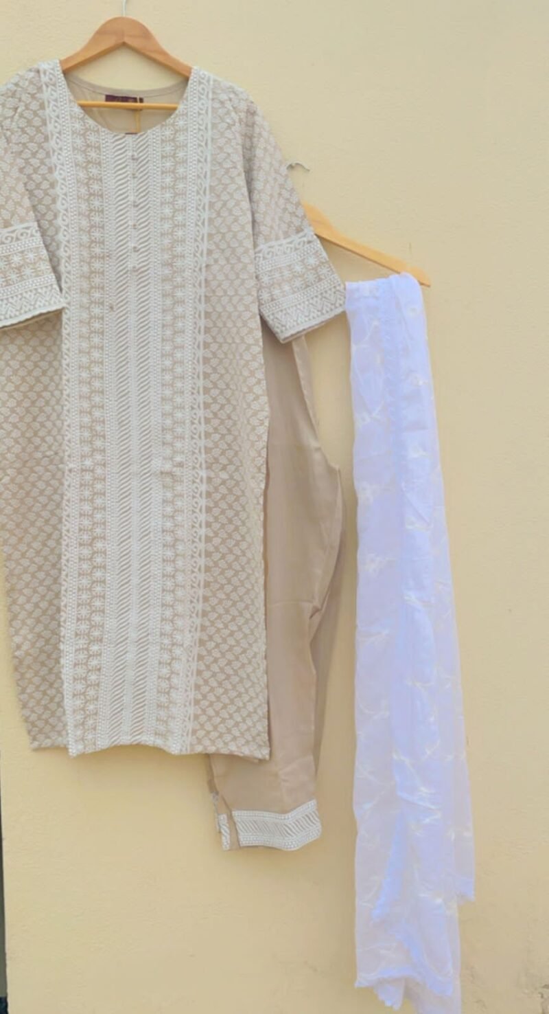 Kesariyavanity Beige White Embroidered Festive Ready Suit Set - DEAL - Image 3