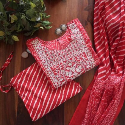 Ethnic Red Bandhej Leheriya Breathable Relaxing Fit Cotton Suit (3 piece)